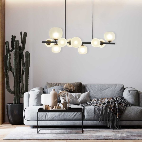 Suspension OKO 10 lumières blanc opal et noir, ensemble verre bicolore